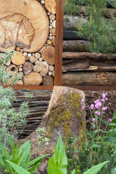 Use a tree stump as a starting point for garden decor.