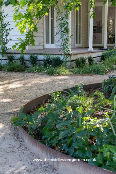 A thin edging of corten steel around the oak tree creates a shady 'woodland edge' border. The corten steel disappears visually.