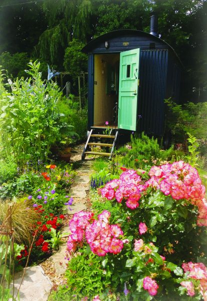 A Plankbridge shepherd's hut with a contrasting door