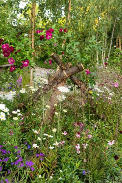 Logs tied together to create an obelisk for a rose to grow on. In the RHS Wildlife Garden designed by Jo Thompson and Kate Bradbury.