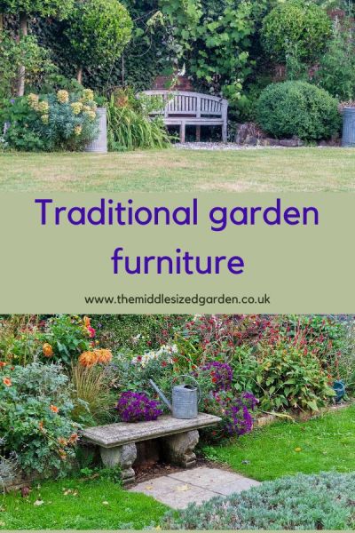 Traditional garden benches in wood and stone or stone composite