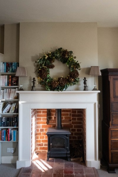 an extra large wreath for a mantelpiece