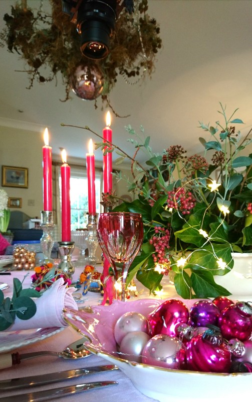 Bright pink Christmas table decorations